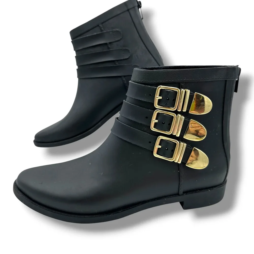 Loeffler Randall Fenton Black Rubber Triple Buckle Rain Boot Gold Hardware Ankle